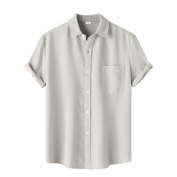 Men's Casual Solid Color Pocket Short Sleeve Single Breasted Lapel Shirt L