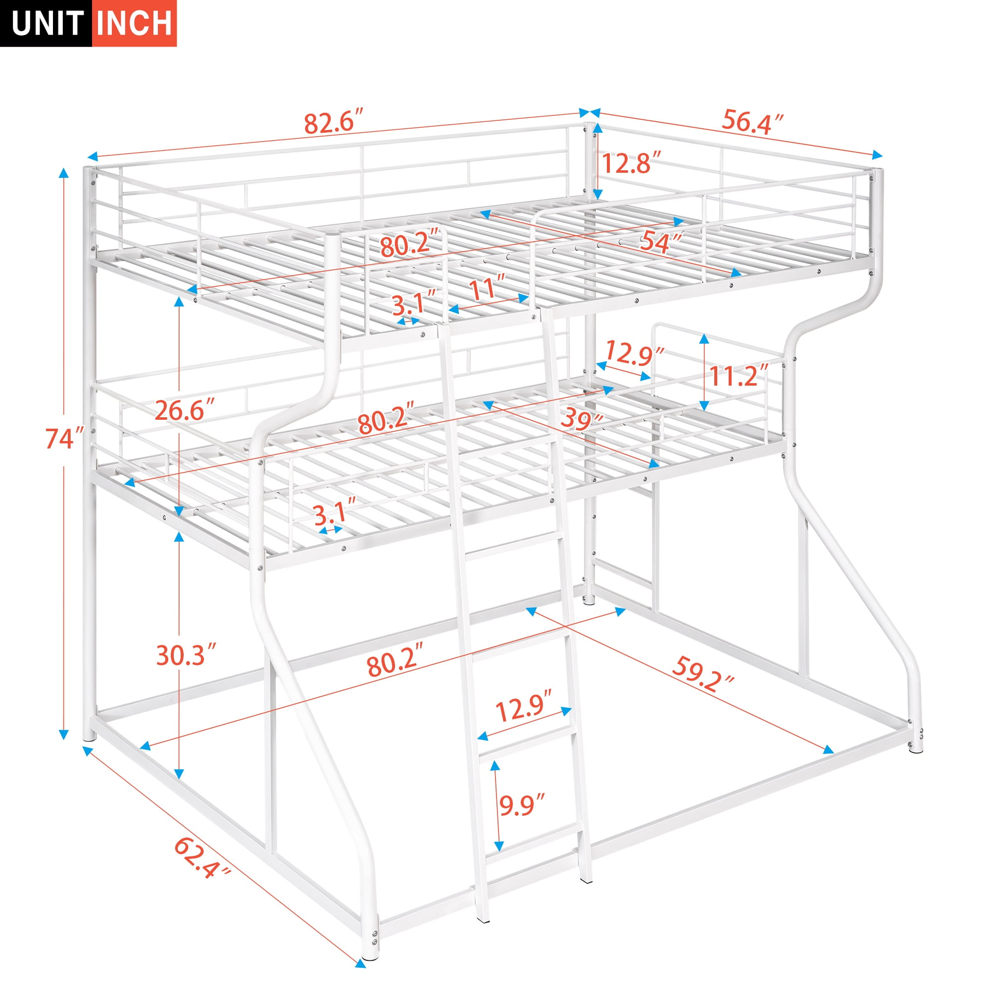 PORKISS Full XL over Twin XL over Queen Triple Bunk Bed, Metal Bunk Bed with Long and Short Ladder for Kids Teens Adults, No Box Spring Needed, White