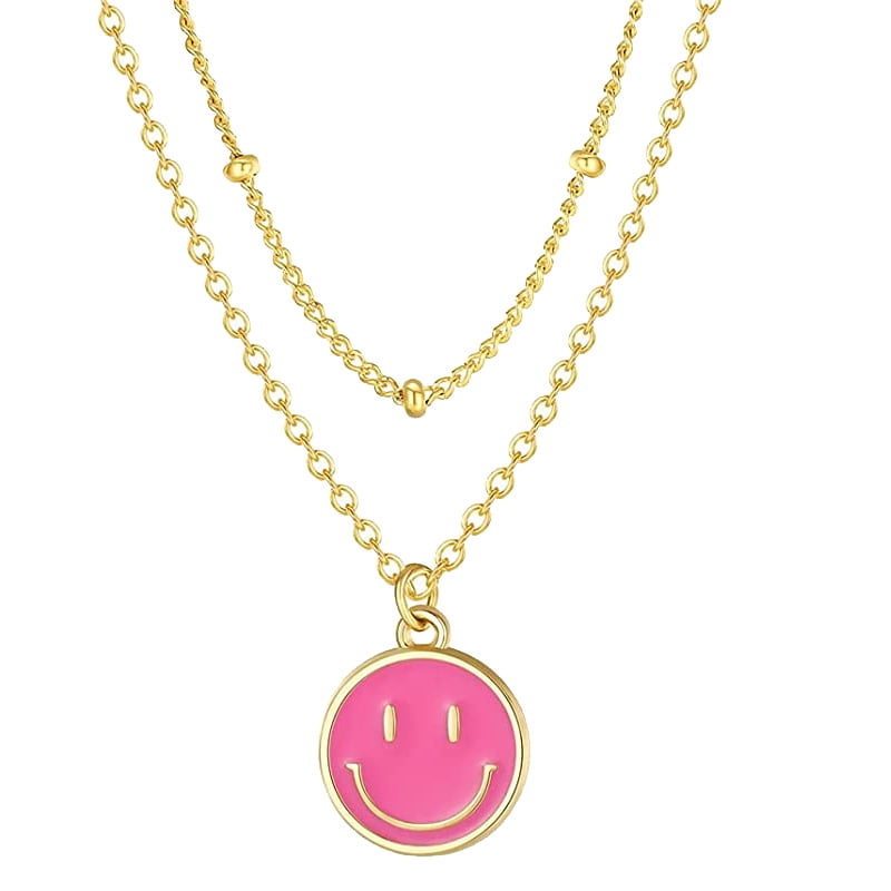 Smiley Face Necklaces Enamel Happy Face Necklace Pink Necklace Preppy Necklace for Women Girls - Rose Red,Double Layer, Women's