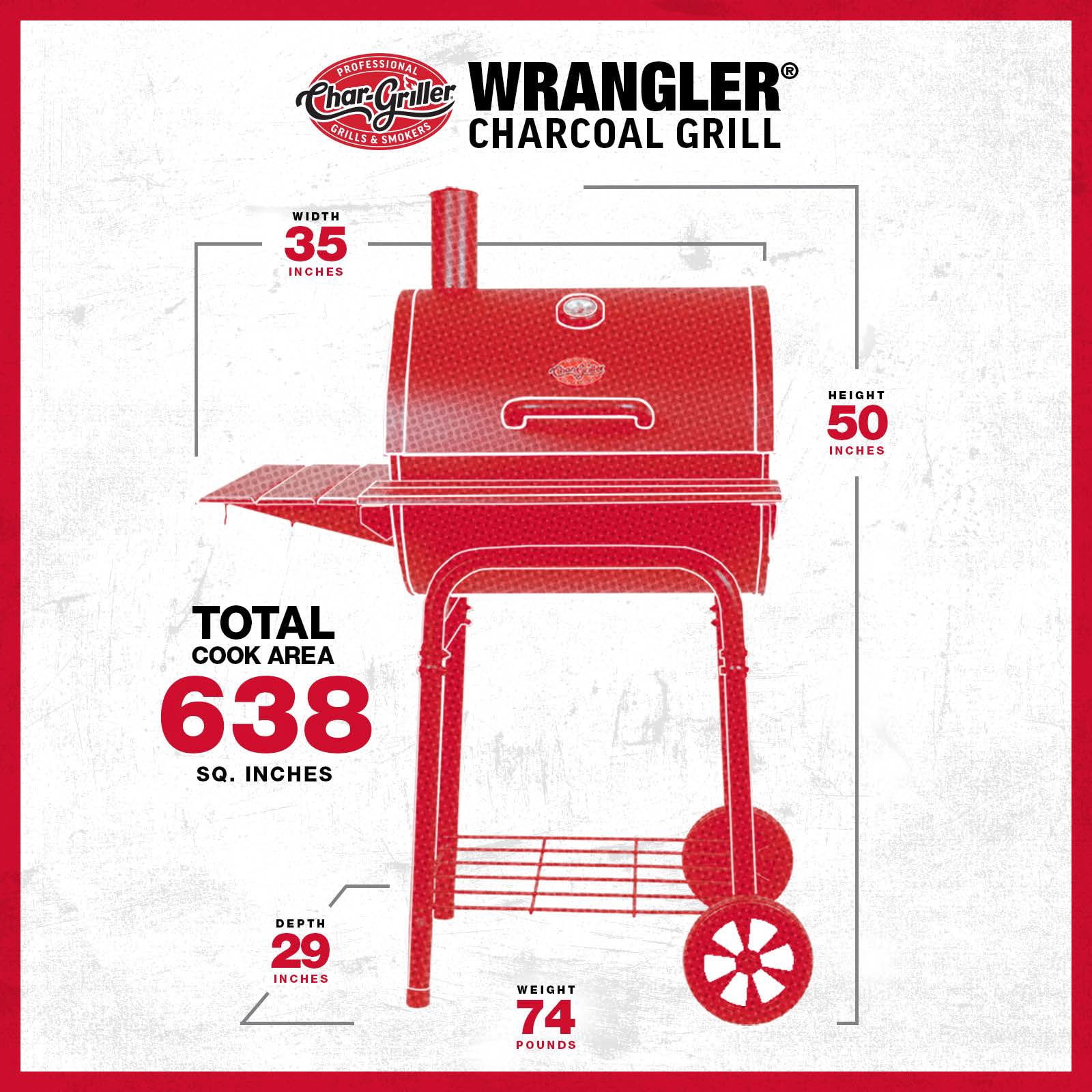 Char-Griller Wrangler Charcoal Grill, Metal Front and Side Shelf, Black, Compact Barrel Grill