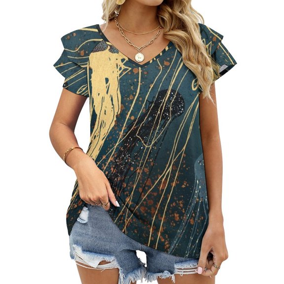 T-Shirt Women'S JellyLotus Leaf Neck Long Sleeve Printed Fall T Shirts Women Spring Tee Tops Copper Gold Bronze Blue Indigo