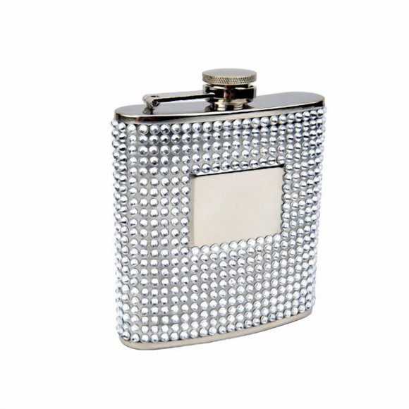 Hip Flask Holding 6 oz - Silver Beaded Finish, Stainless Steel, Screw-On Cap, Expertly Welded, Leakproof, Rustproof, Front Engravable for Personalized Gift