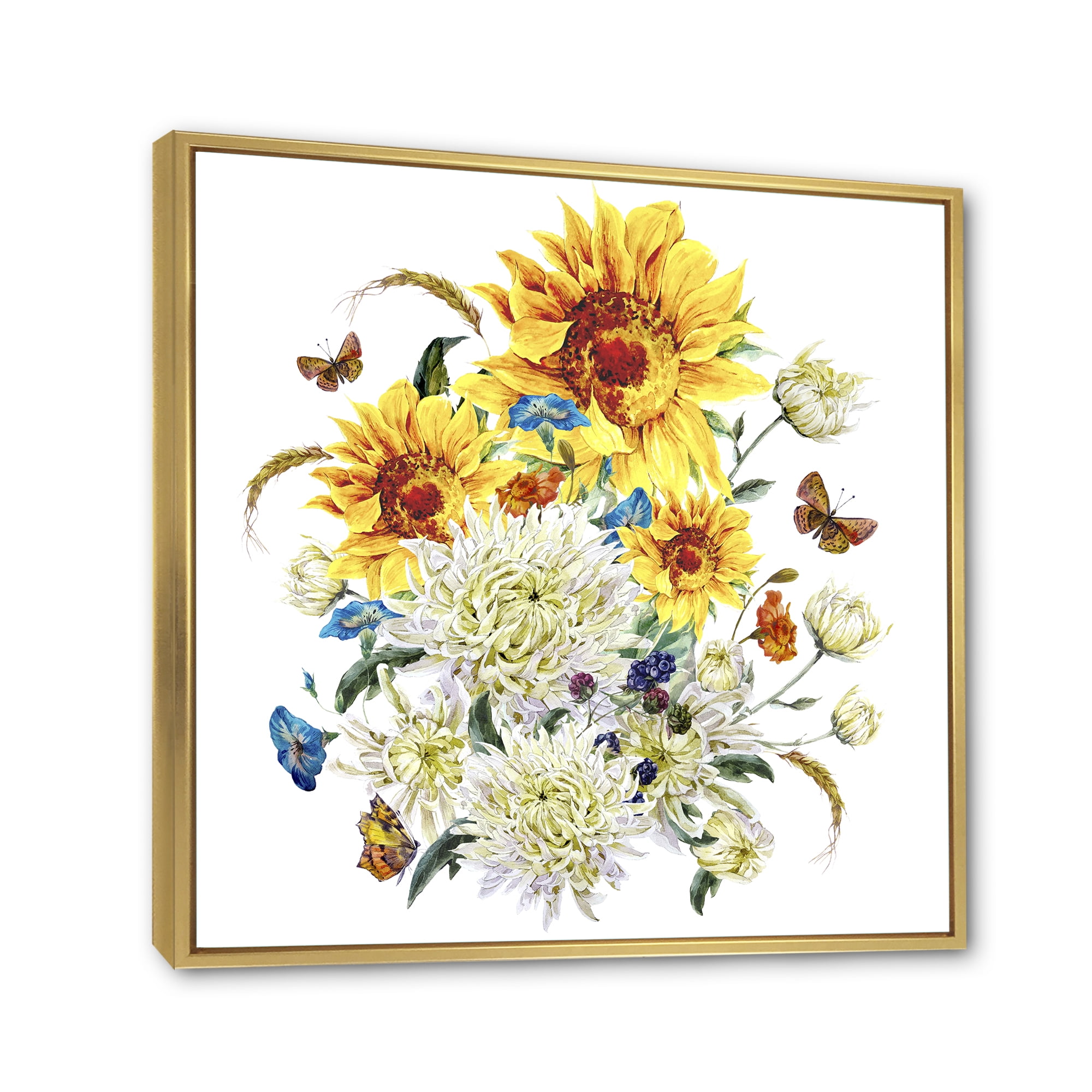 Designart 'Ancient Chrysanthemums and Sunflowers' Traditional Framed Canvas Wall Art Print