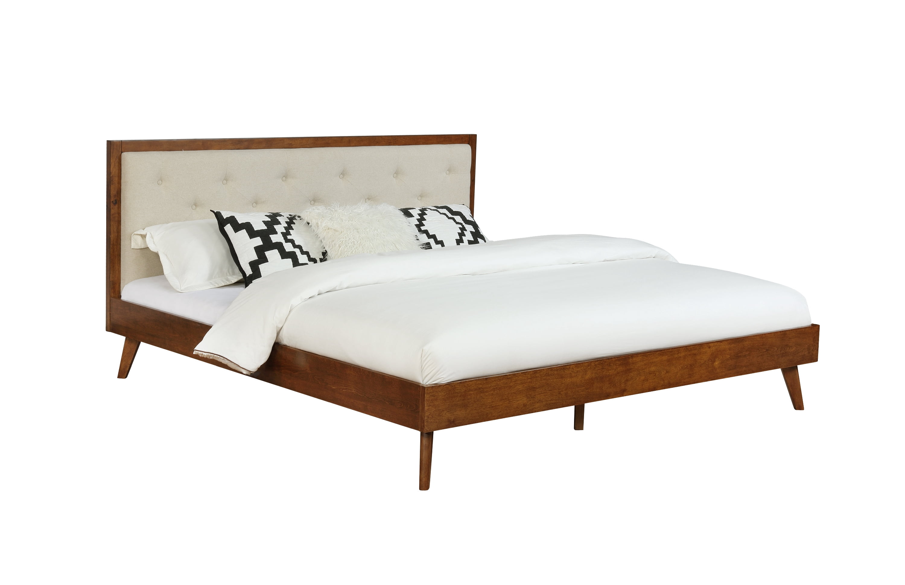 Linon Payson King Platform Bed with Tufted Headboard, Walnut/Oatmeal