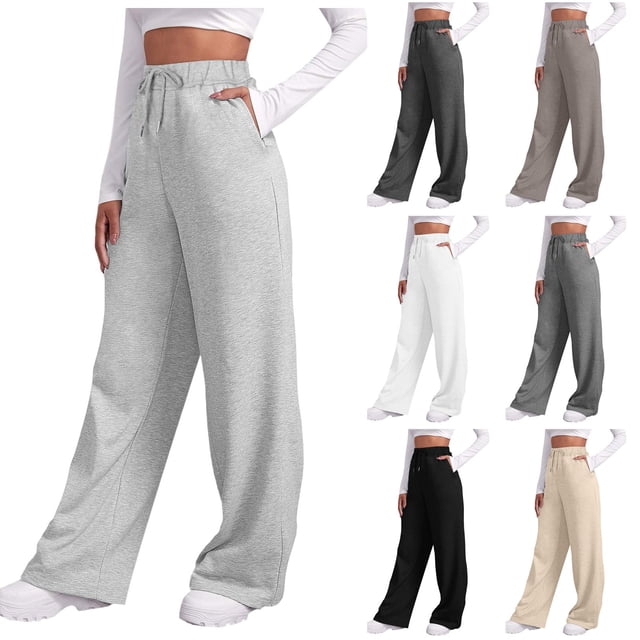 Womens Casual Pants Summer Thin Elasticized High Waist Straight Leg Joggers with Drawstring White L