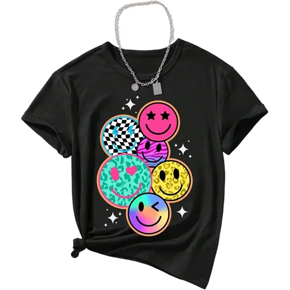 children’s wear Kids Retro Colorful Smiley Face Graphic T-Shirt Girls Cute Leopard Checkerboard Print Cotton Top Toddler Summer Tee