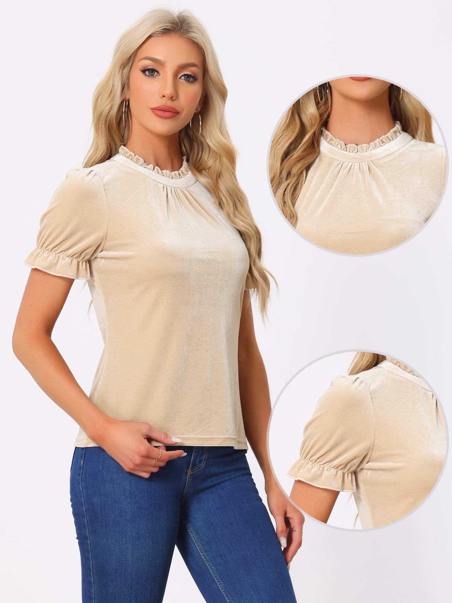 DARING DIVA Women's Ruffle Collar Shirt Velvet Tops Blouse M Khaki