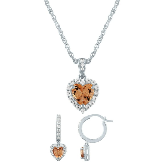 Ladies Brilliance Fine Jewelry Sterling Silver Plated Simulated Morganite & CZ Heart Set