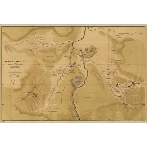 24"x36" Gallery Poster, Map Lower Geyser Basin Upper Madison River 1872