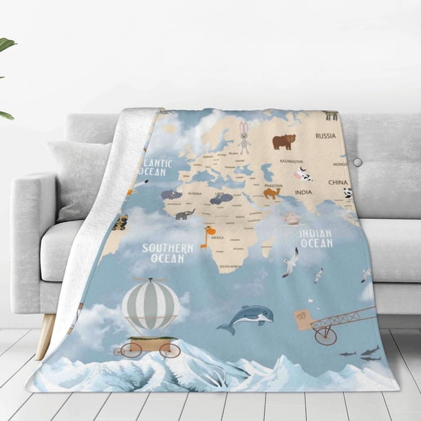 Balery Animals Travel World Map Manta de Felpa Suave y Acogedora – Cobija de Franela Aterciopelada para Cama, Lavable y Cálida para Sofá, Mascotas, Transpirable-80"x60"