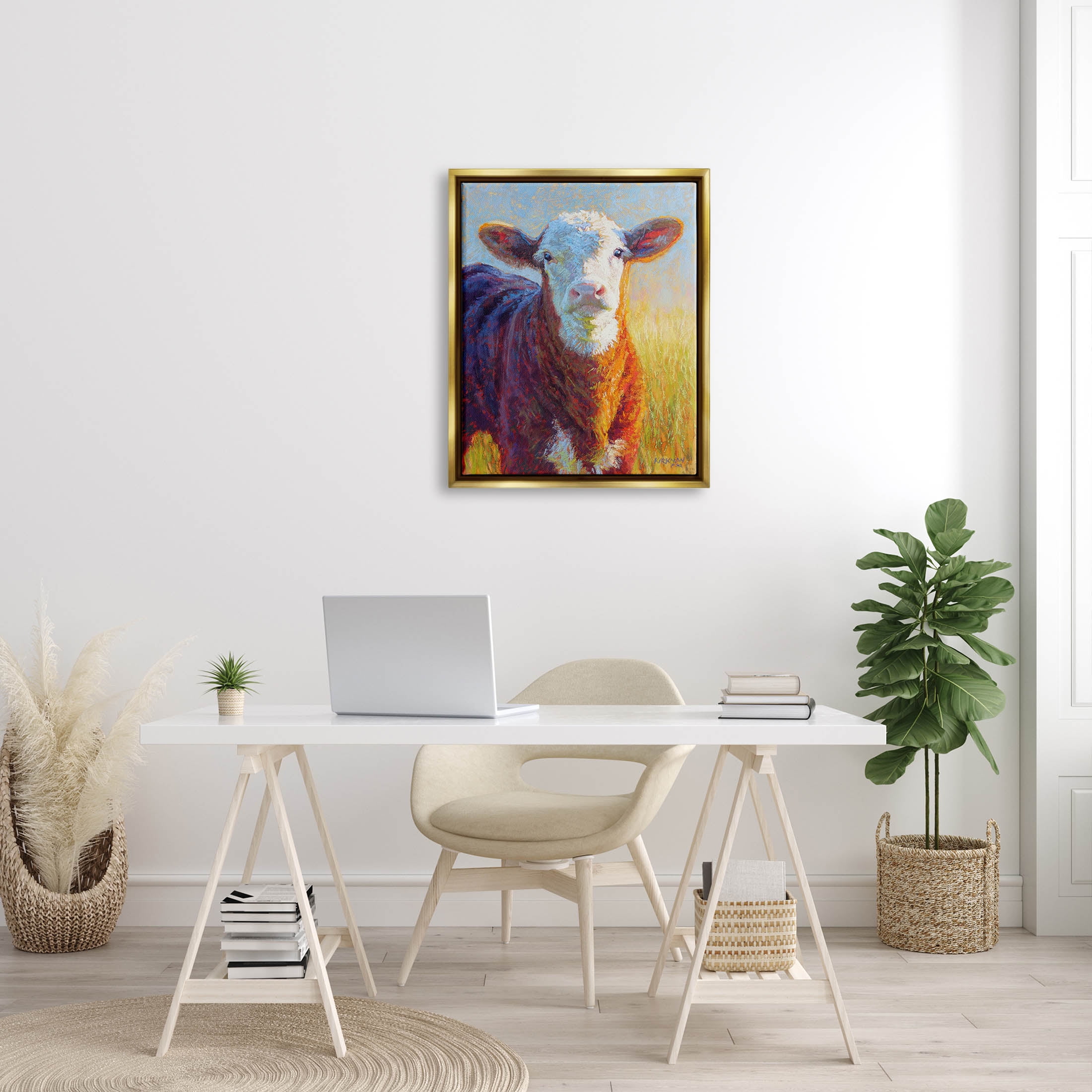 Happy Cow Farmhouse Grassland Animals & Insects Painting Metallic Gold Framed Art Print Wall Art