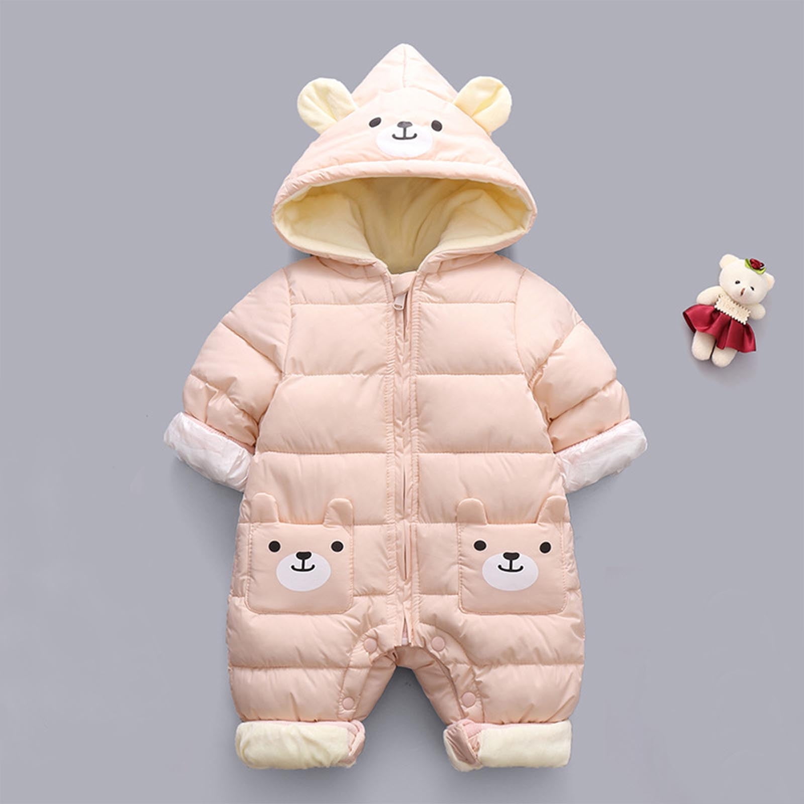 Kaemgyyd Newborn Baby Fleece Lined Outfit Infant Girls Boys Cute Print One-Piece Jumpsuit Hooded Zipper Romper Winter Clothes
