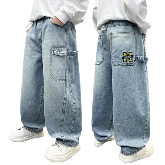 shqvo 3t Jeans Boys High Waisted Plain Loose Denim Pants Boys Casual Baggy Fashion Long Trousers Streetwear with Pockets Blue 10-11 Years