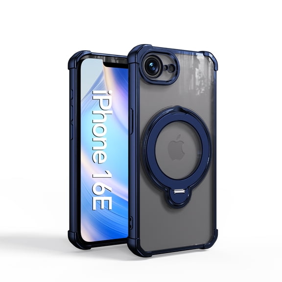 For iPhone 16e/17e Phone Case,Fit For Wireless Charging,360°Rotatable Invisible Ring Kickstand,Crystal Transparent Back Design,Four-corner Rasied Shockproof Anti-fall Phone Case,Darkblue