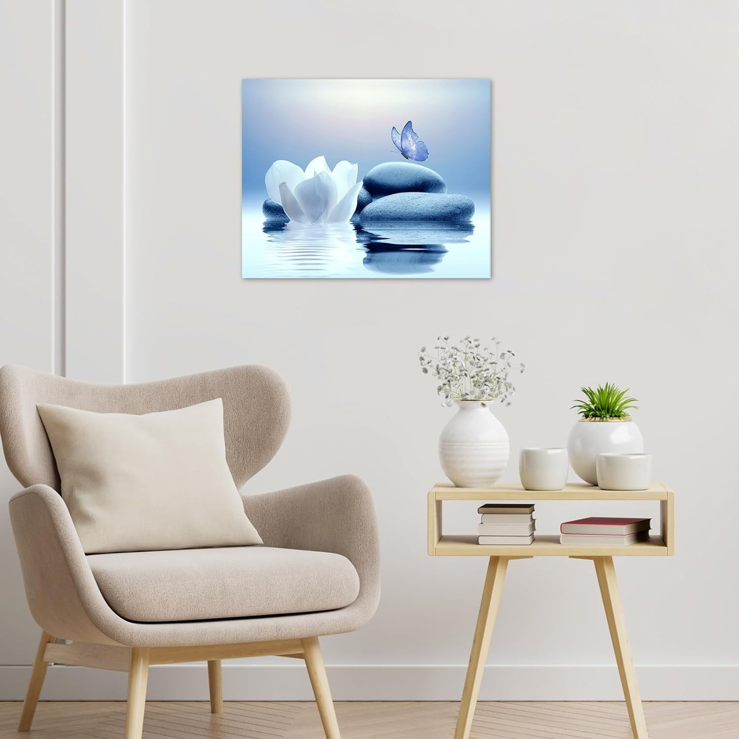 XUEHUAPIAOPIAO Zen Stone Flower and Butterfly on Lake Wall Art 16" x 12" Framed Canvas Prints