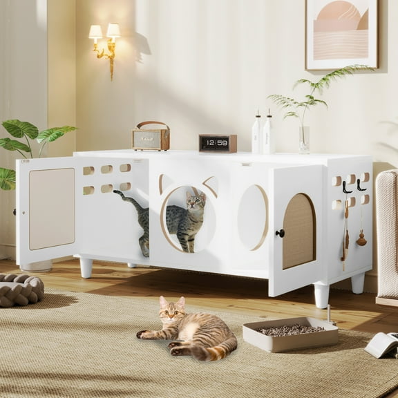 Modern Style 3-in-1 Furniture Cat Cabinet with Sisal Scratching Door | Stylish Litter Box & Space-Saving Storage | Cream White for Home Decor & Pet Comfort