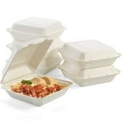 Biodegradable To Go Food Containers, Hinged Disposable Take Away Food Containers Eco Friendly Sugarcane Bagasse Clamshells, Compostable Microwave Safe Take Out Boxes (6" X 6" | 1 Compartment | 25 PCS)