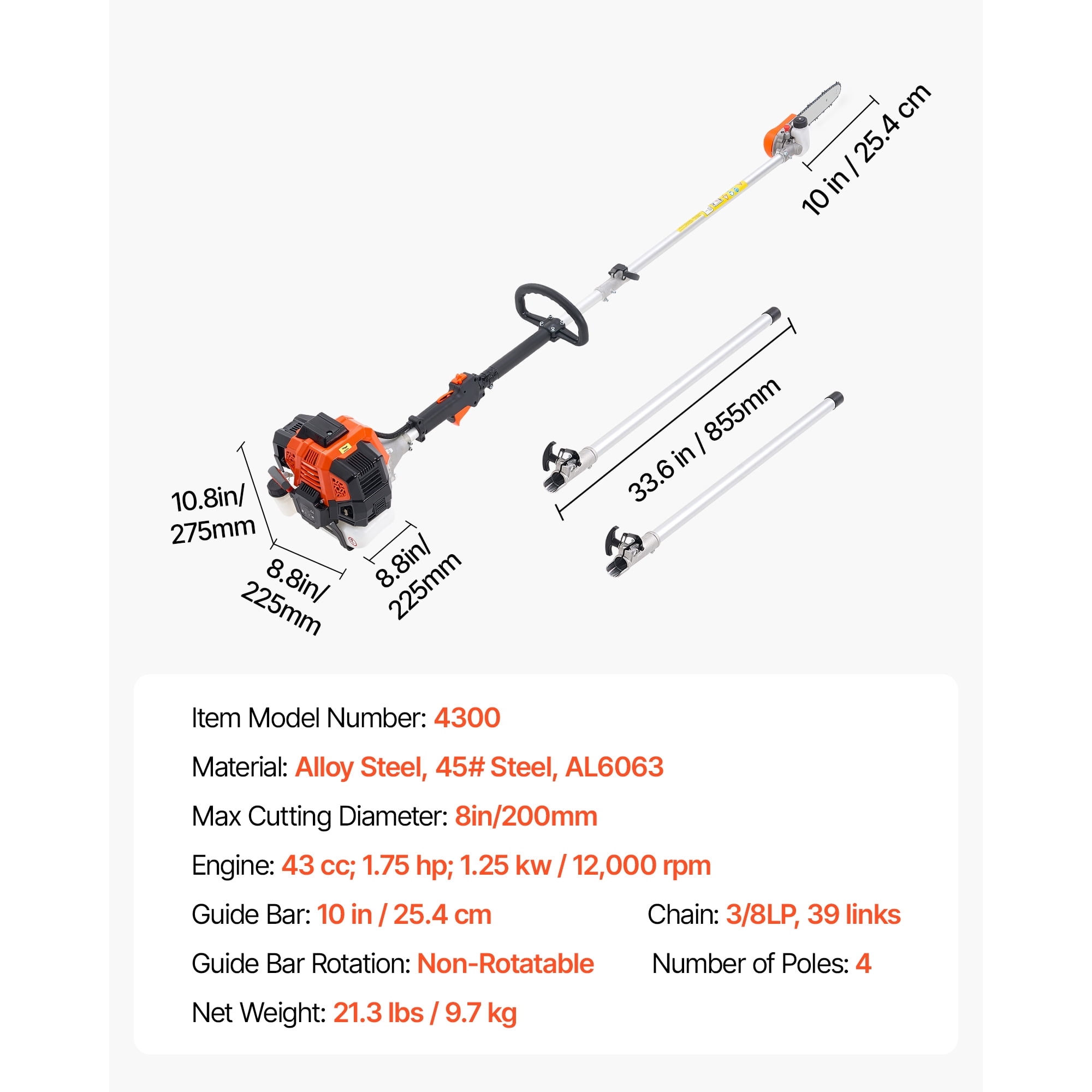 KFFKFF Gas-Powered Pole Saw, 43CC 2-Stroke Engine with 12-Inch Cutting Bar, Cordless Tree Trimmer Featuring Adjustable Head and 7.1~12 ft Extendable Reach for Pruning, Trimming