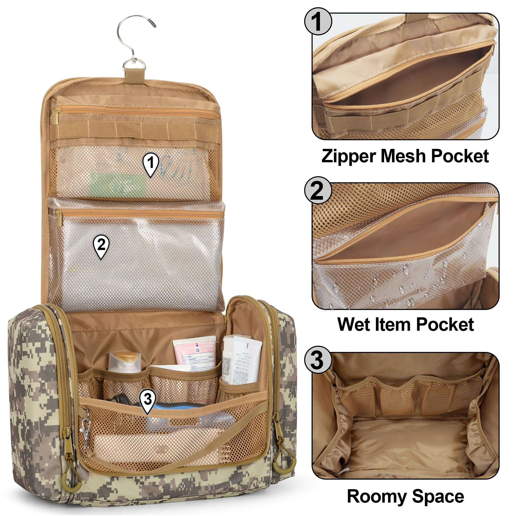 Toiletry Travel Bag For Men  Hanging Dopp Kit Hygiene Shower Organizer With Hook Toiletries And Shaving Care Desert Yellow (empty Bag)