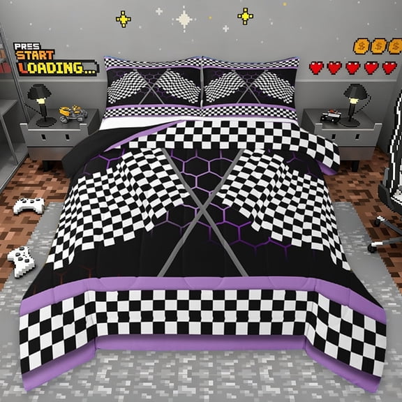 Erosebrida Racing Flag Comforter Sets Twin Size, Neon Plum Honeycomb Comforters & Duvets, Extreme Racing Car Sports For Youth Bedding Twin Comforter Set, Microfiber Room Decorative,2-Piece Reversible