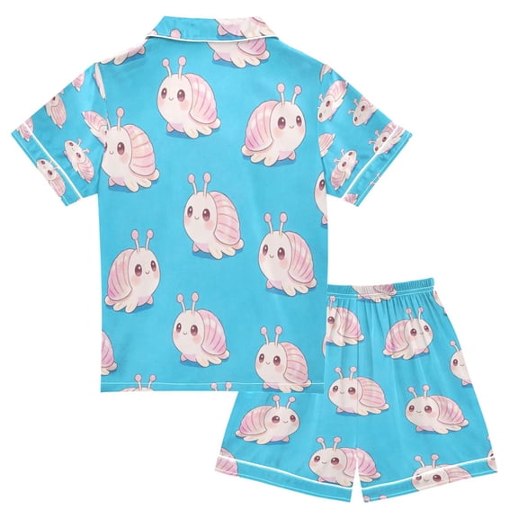 Ttyddzy Pajama Sets for Boys&Girls, Soft Silky Satin Button-Up Pjs with Shorts for Spring/Summer, Snail Illustration S