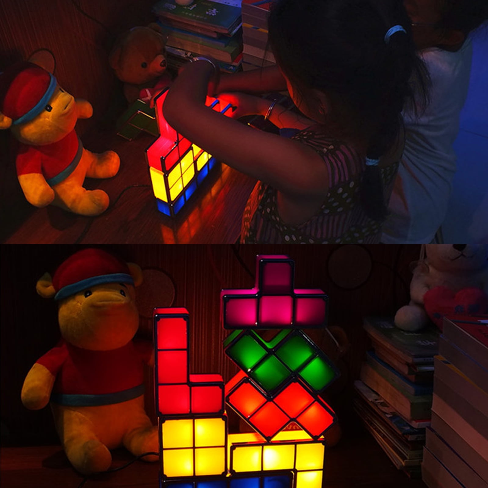 LOSCHEN DIY Stackable 3D Puzzle Night Light - 7-Color LED Interlocking Desk Lamp with Induction, USB-Powered Magic Light Toy for Kids Teens & Gamer Room Decor