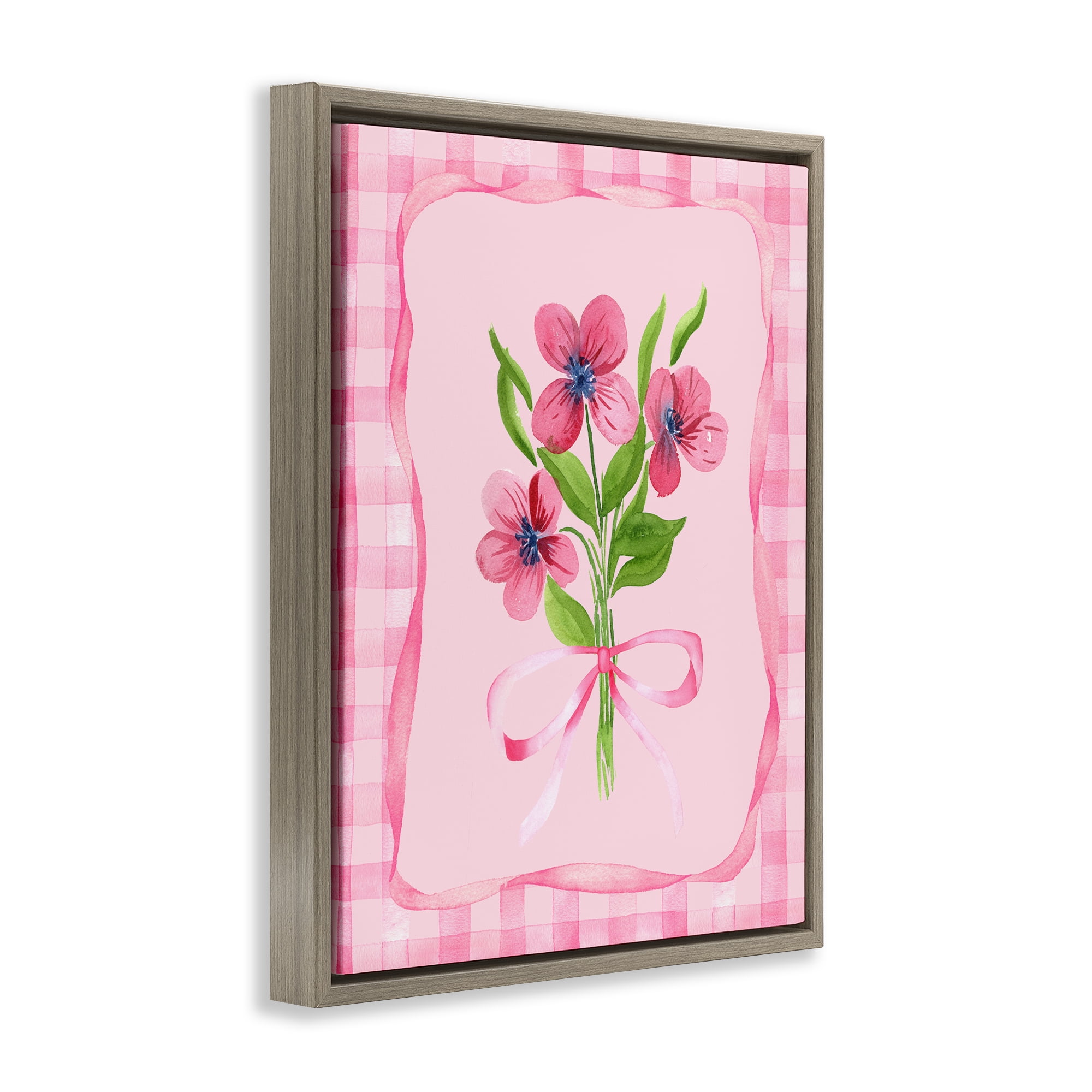 Pink Bordered Flower Bundle Brown Framed Floater Canvas Wall Art, design by Nina Jacobs