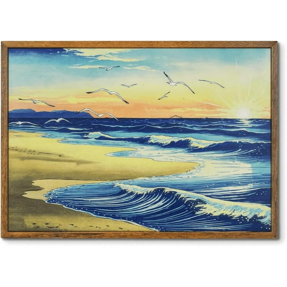 shiyou-Vintage Coastal Wall Decor Sea Landscape Wall Art Seaside Beach House Wave Prints Decorations For Home Coastal And Lake Decor Lake House Decor Vintage Ornaments For Home Bathroom