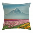 thumbnail image 1 of Fuji Throw Pillow Cushion Cover, Colorful Japanese Tulips with a Mountain Silhouette Foggy Weather Historical Heritage, Decorative Square Accent Pillow Case, 16" X 16", Multicolor, by Ambesonne, 1 of 2