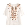 thumbnail image 4 of Vinsonshop Women's Cotton Linen Embroidered Boho Shirts Short Sleeve Crewneck Floral Blouses Casual Flowy Tunic Peasant Tops Lightweight Loose Fit Summer Everyday Outfits White L, 4 of 5