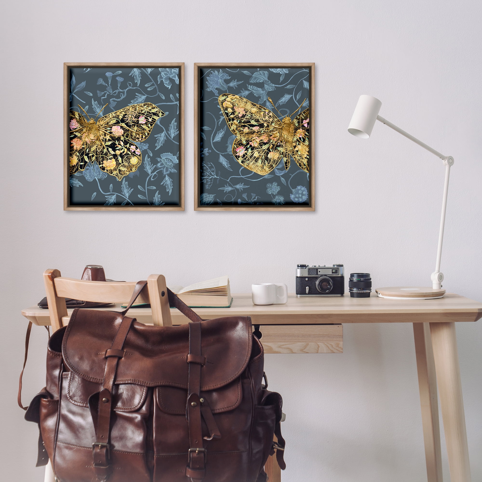 Stupell Industries Gold Winged Black Moth Floral Animals Painting Brown Floater Framed Canvas Art Print Wall Art, 17 x 21, Set of 2