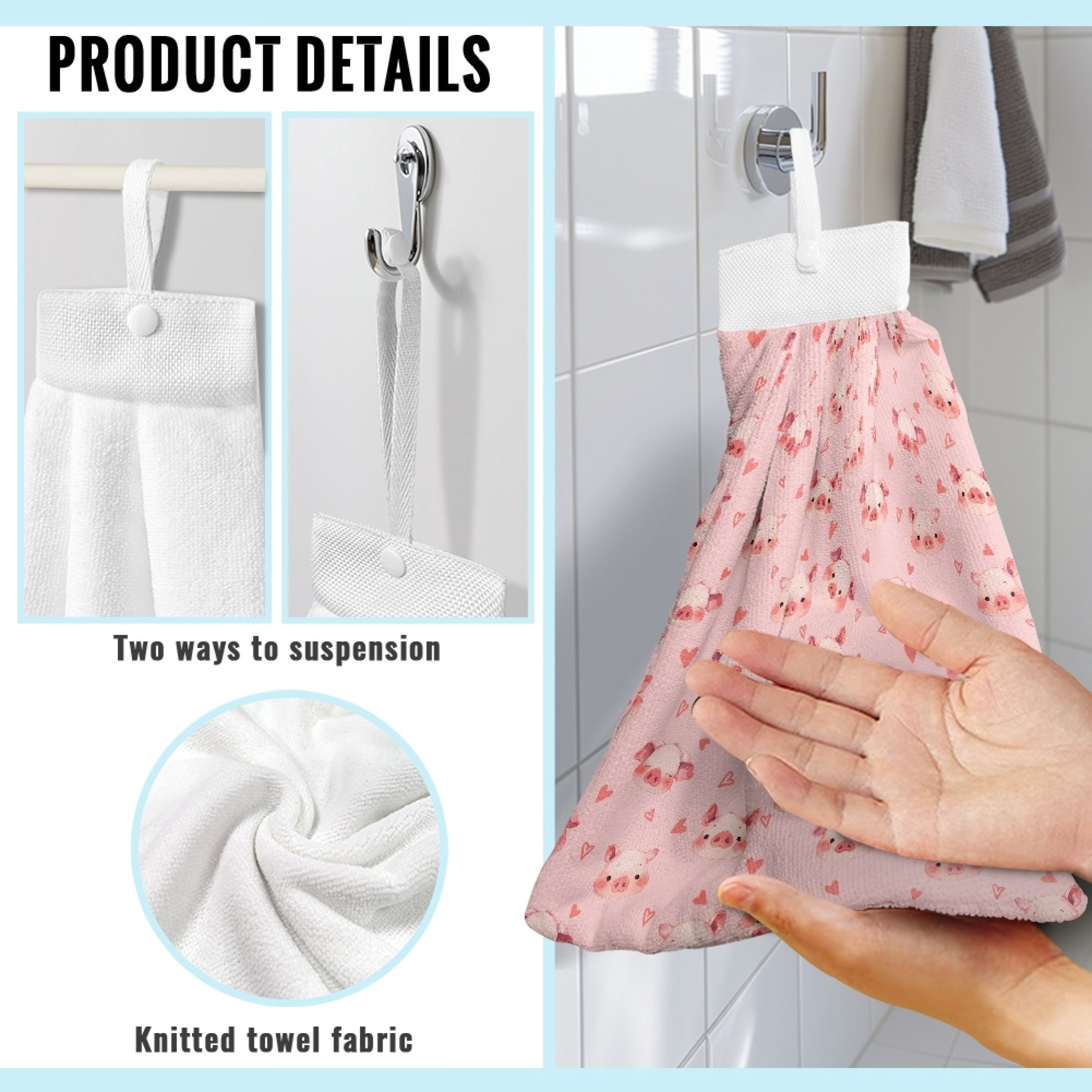 ZIATUBLE Cute Pigs Hanging Hand Dry Towels Soft Hanging Kitchen Towel Easy to Install Bathroom Hand Bath Towel with Hanging Loop Kitchen Hand Towels and Washcloths Living Room