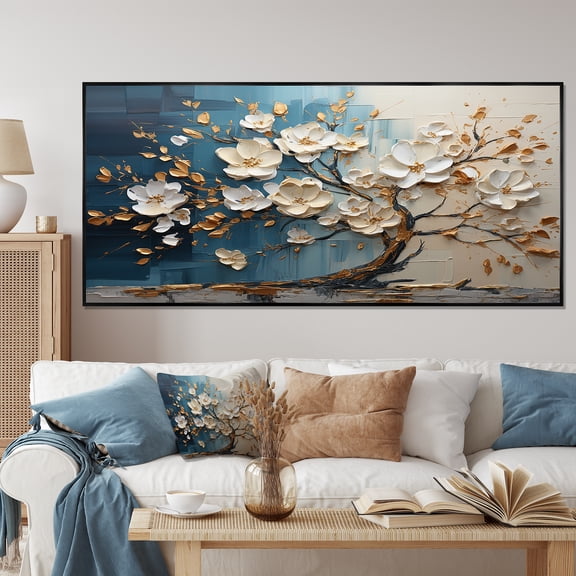 Designart "Golden Branches Blue and White Orchid Tree III" Extra Large Landscapes Framed Wall Art - Country Gold Tree Entryway Framed Wall Art Print