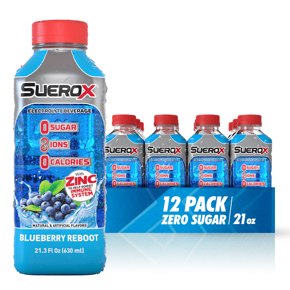 SueroX Zero Sugar Electrolyte Drink, Blueberry Reboot, 21 oz, 12 ct