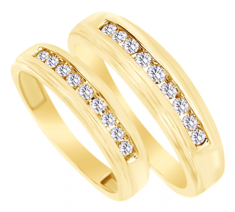 AFFY White Natural Diamond His And Hers Wedding Band Ring Set 14K Yellow Gold (0.38 Cttw) By