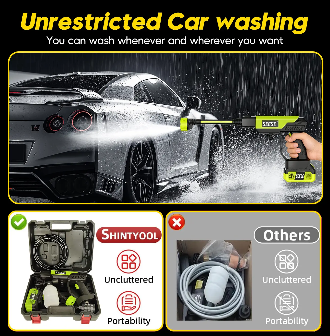 【SummerVibes】SEESE Cordless Pressure Washer and Single Port Charger Base, Bottle Portable Washer for Car,Home Cleaning & Garden Watering