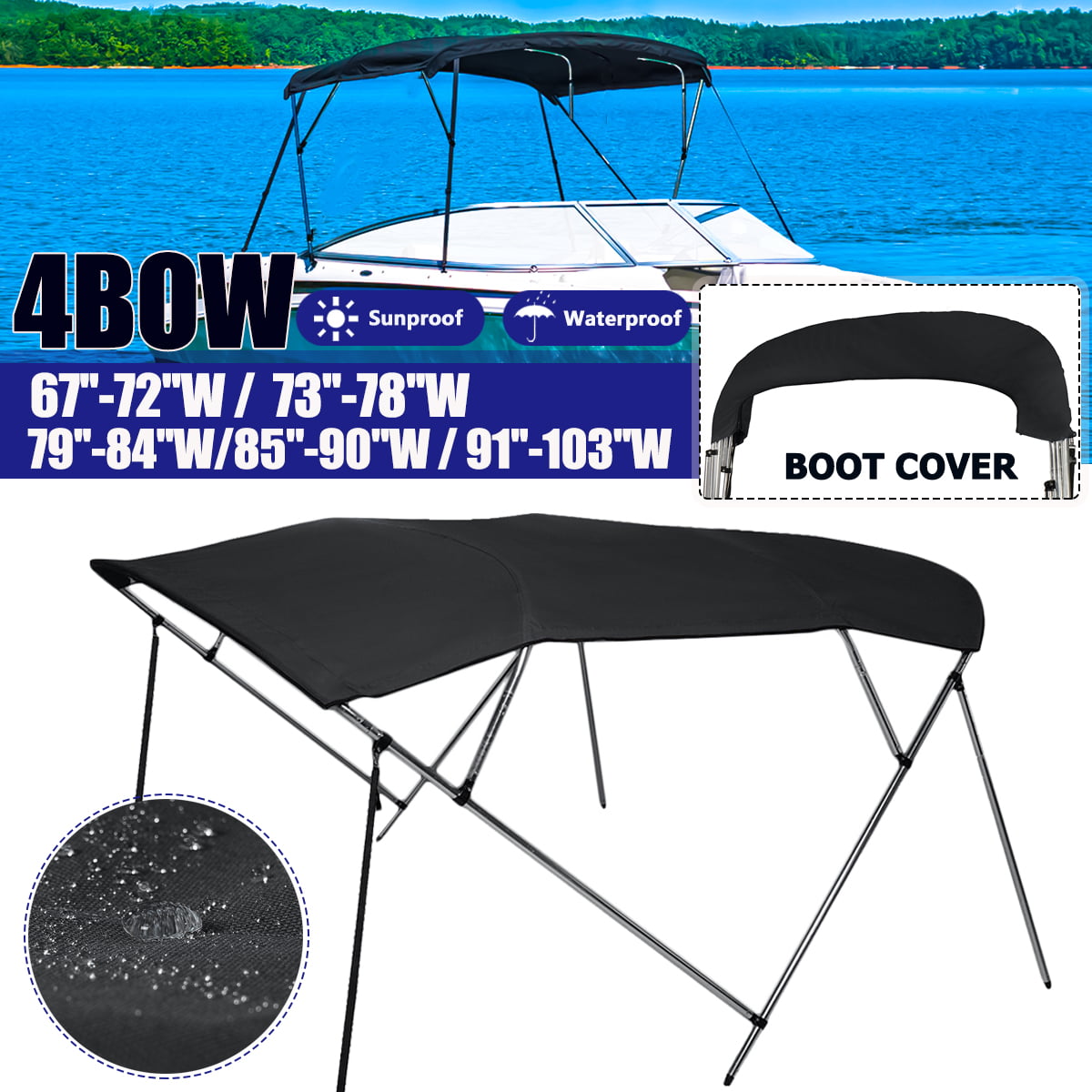 Boat Bimini Top 3 Bow 72"L 46"H 85"-90"W With Boot and rear support poles 