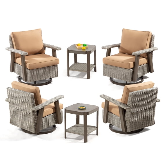 MeetLeisure Outdoor Wicker Swivel Rocker Chairs Sets of 4 and 2 Side Table, Tan