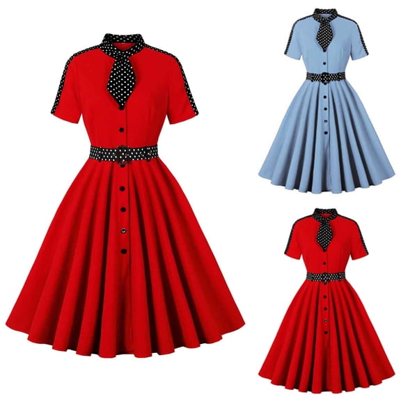 Jinhomg Vintage Cocktail Dresses for Women Flowy A-Line Pleated Midi Dress 1950S Tie Neck Button Down Dresses Elegant Short Sleeve Polka Dot Swing Dress Red L
