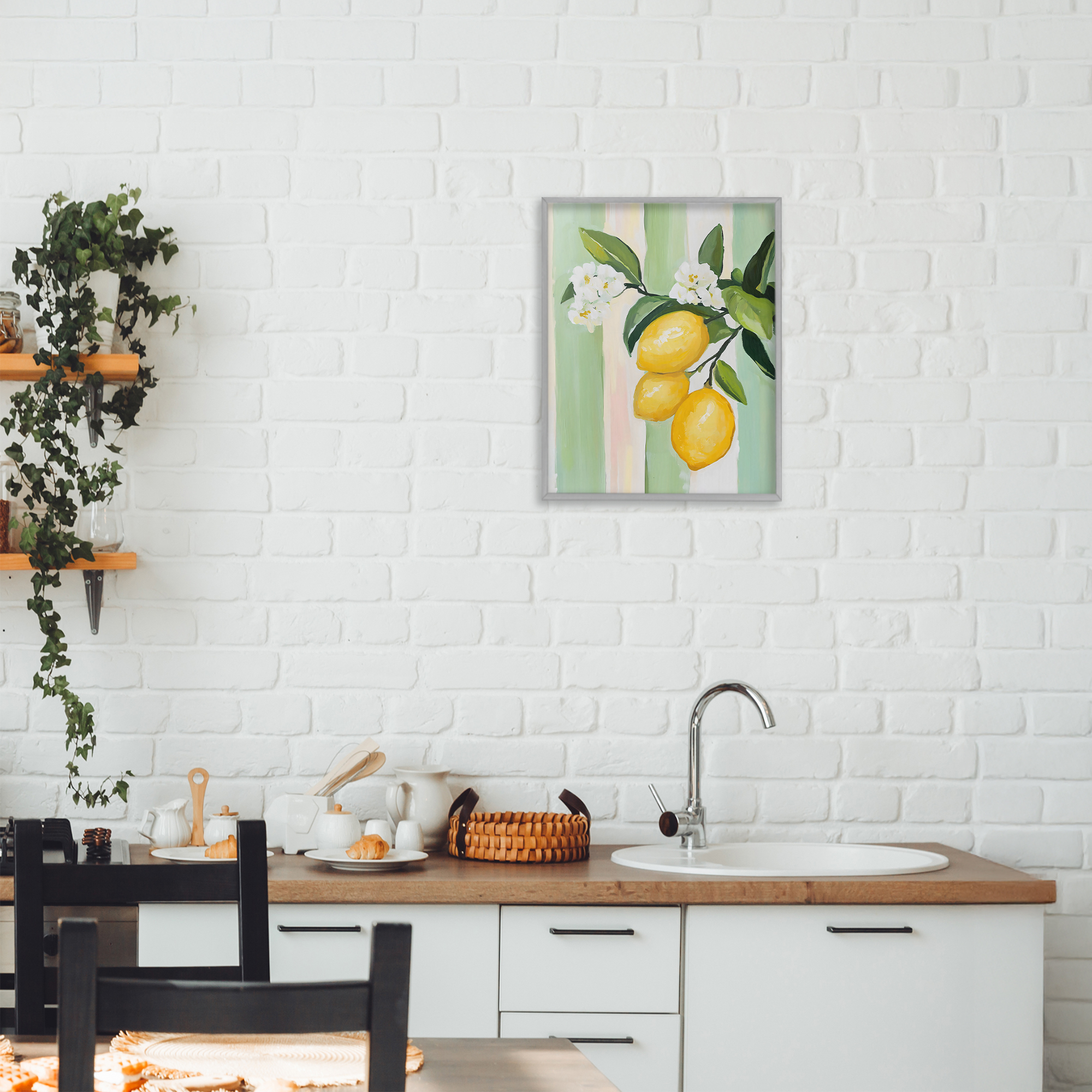 Stupell Industries Lemons & Flowers on Stripes Gray Framed Giclee Art, design by The Prints Vibe
