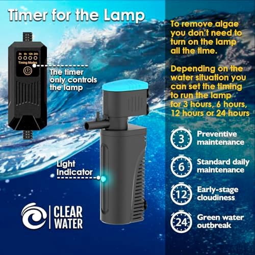 Aquarium Filter | U-V Fish Tank Filter for Green Water Cleaning | U-V Clarifier with Timer | Aeration & Rainfall Mode | Turtle Tank Filter | Submersible Pump with Filter | for 10-30 Gallons