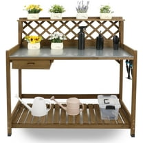 PETSCOSSET Gardening Workbench, Outdoor Wooden Plant Station with Metal Table Top, Drawer, Large Bottom Shelf