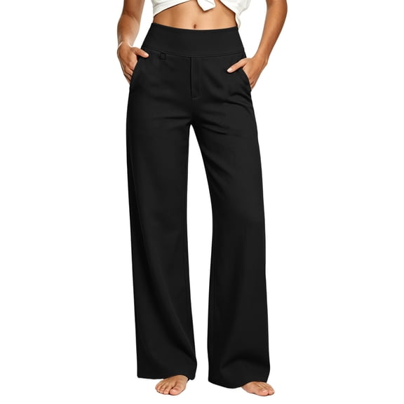 hoksml Women's High Waisted Wide Leg Pants Stretch Solid Casual Trousers with Pockets for Work Office Daily Wear