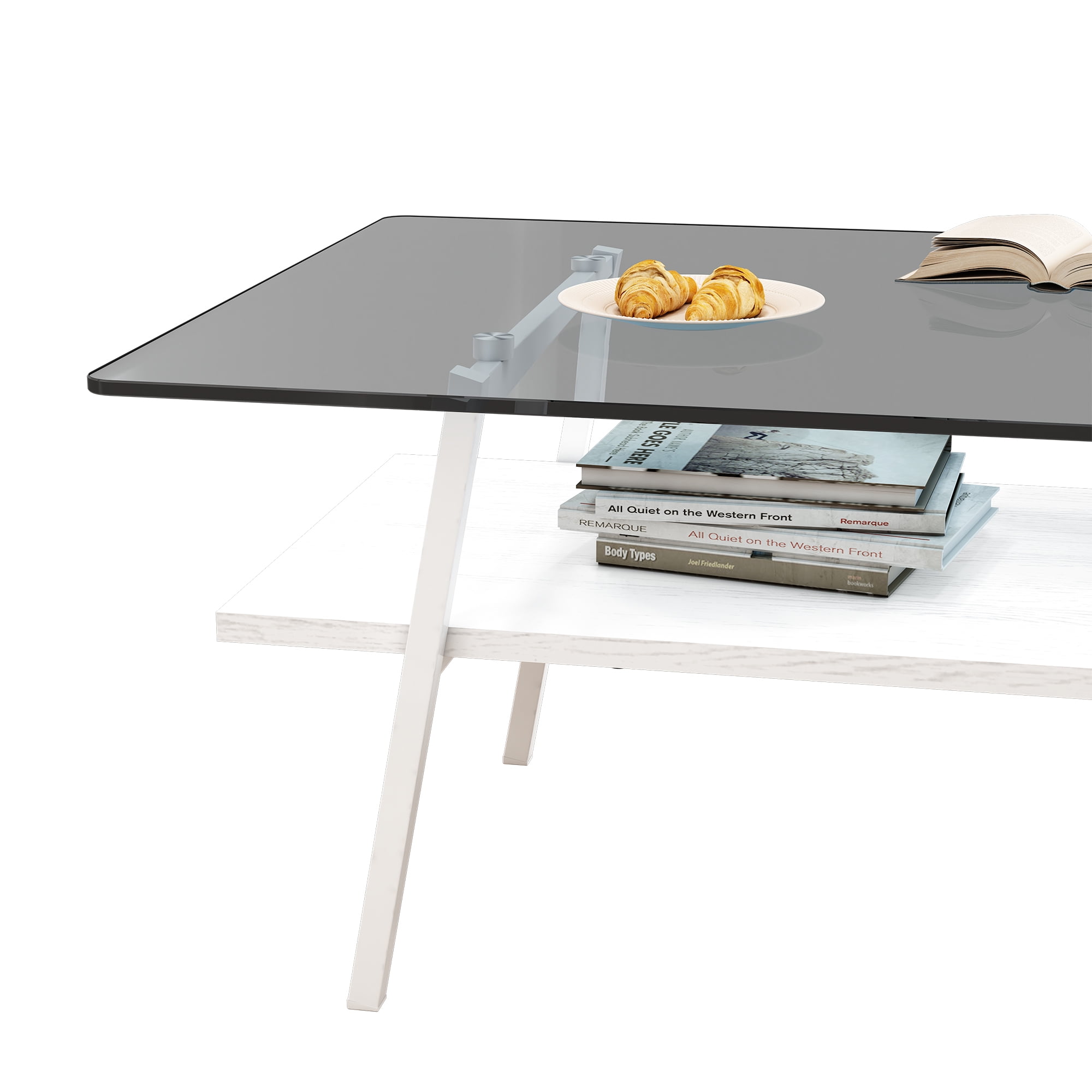 Holaki Glass Coffee Table, Rectangle Tempered Glass Table, 2-Tier Center Table  with Clear Tempered Glass Top Metal Leg, Mordern Home Office Furniture