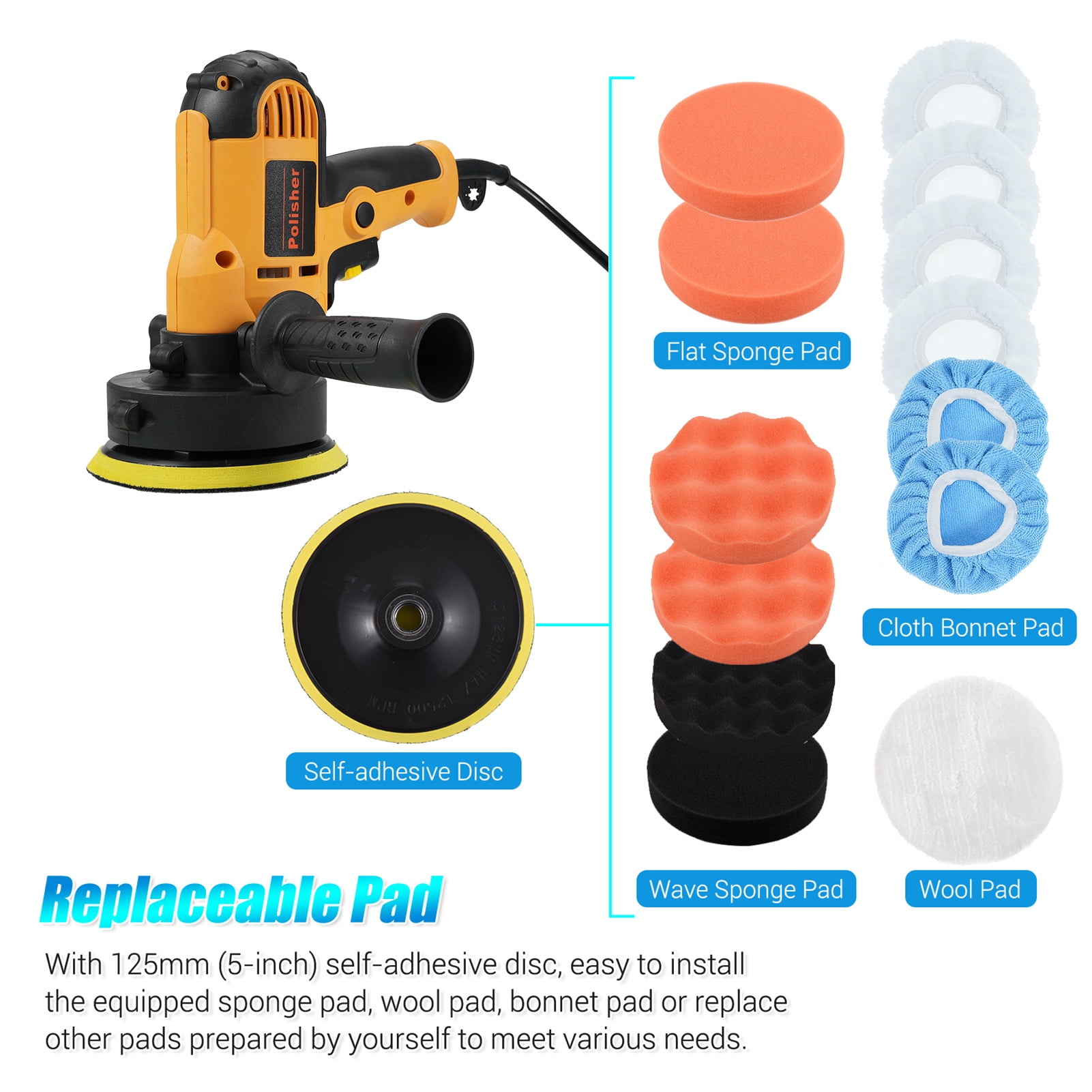 Polishers,5-inch Car Polisher Rotary Tool Floor Buffer 600-3700rpm Variable With Auxiliary Handle Floor Furniture Ceramic Wool Pads Rotary Variable With Auxiliary Kit 700w Auto Dsfen