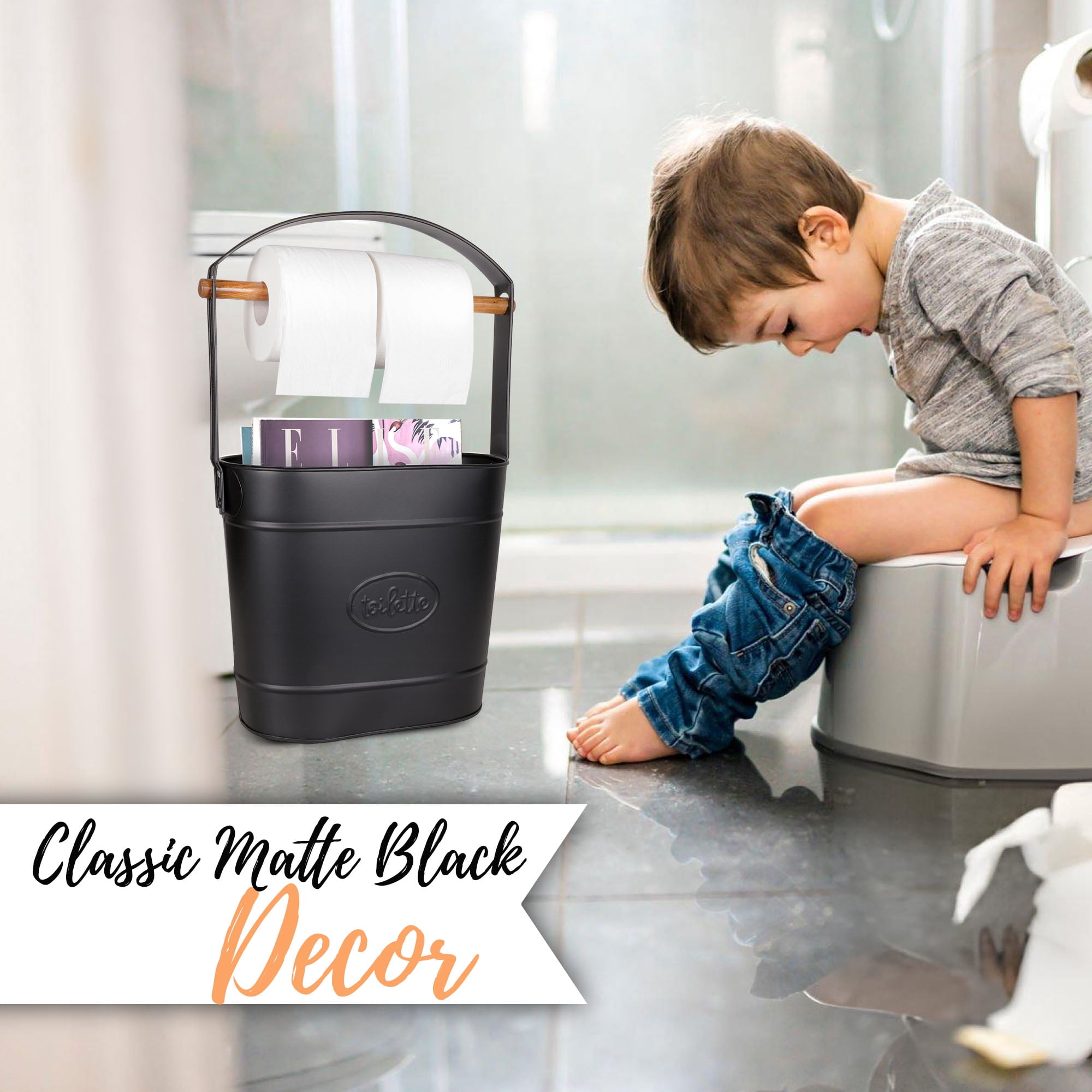 Autumn Alley Black Standing Toilet Paper Holder with Bucket Extra Roll Storage