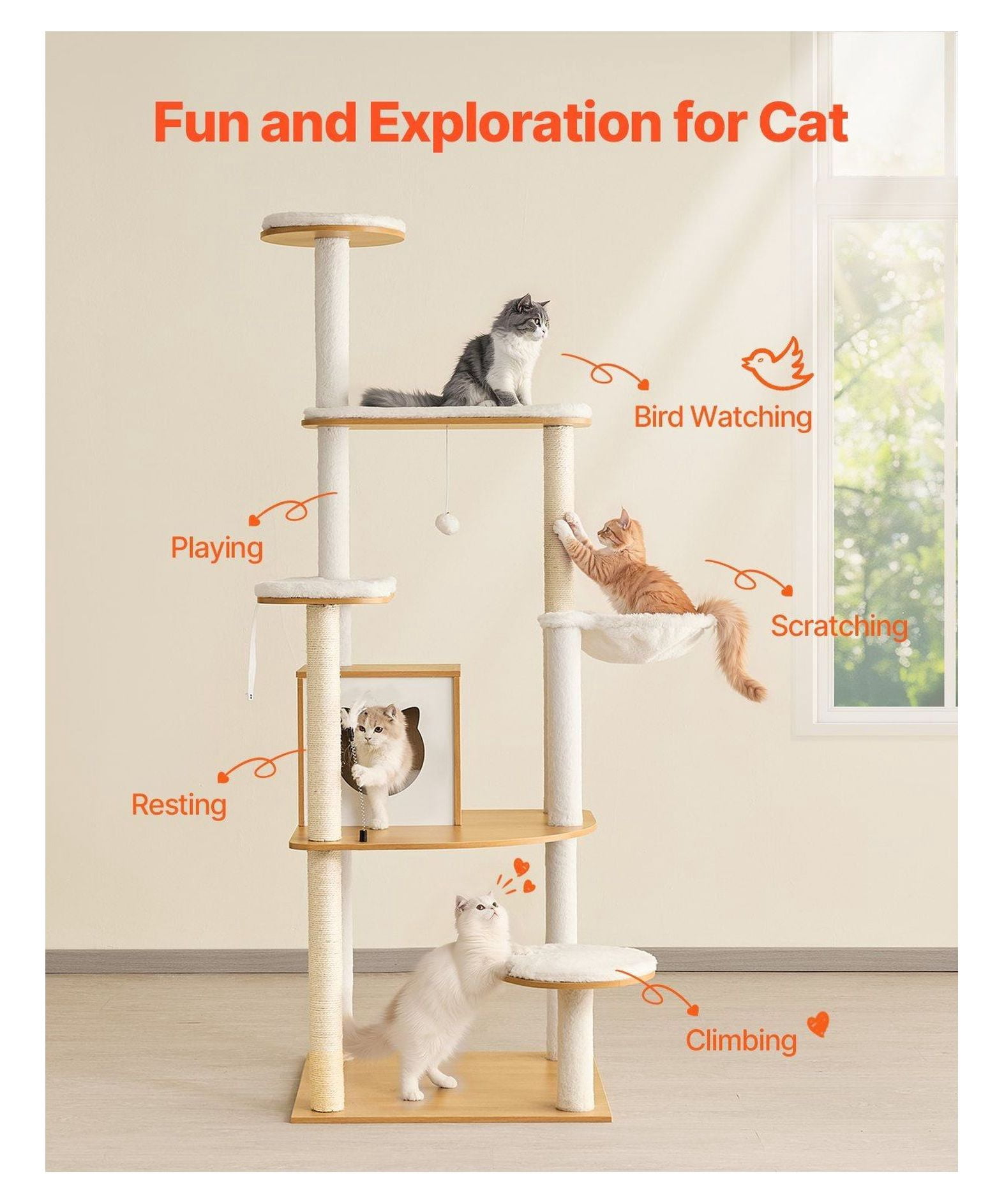 Large Cat Tree 68.9" Tall Cat Tower Condo - Multi-Level Indoor Cat House with Sisal Scratching Posts, Hammock & Litter Box
