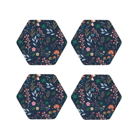 

Leather Coasters Set of 4 - Colorful Flowers Lightweight Non-Slip Drink Coasters for Desk Anti-Scalding Desk Cup Coasters for Office Table Decor Hexagon
