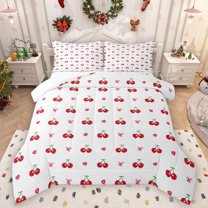 Manfei Kawaii Red Cherry Queen Comforter Set for Girls, Cute Princess Bowknot Bedding Sets, Cartoon Love Heart Bedding Comforter Set, Super Cozy Room Decor, 3 Pieces