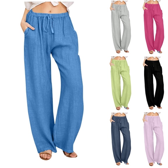 Miluxas Boho Style Palazzo Pants for Women - Lightweight Cotton Linen Wide Leg Trousers with Elastic Waist & Pockets Purple